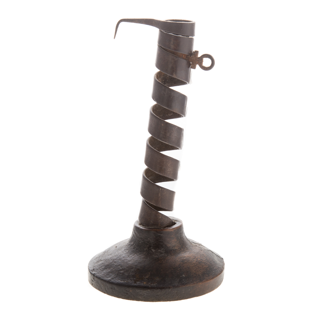 Appraisal: Early American pigtail candlestick th century spiral wrought metal candleholder