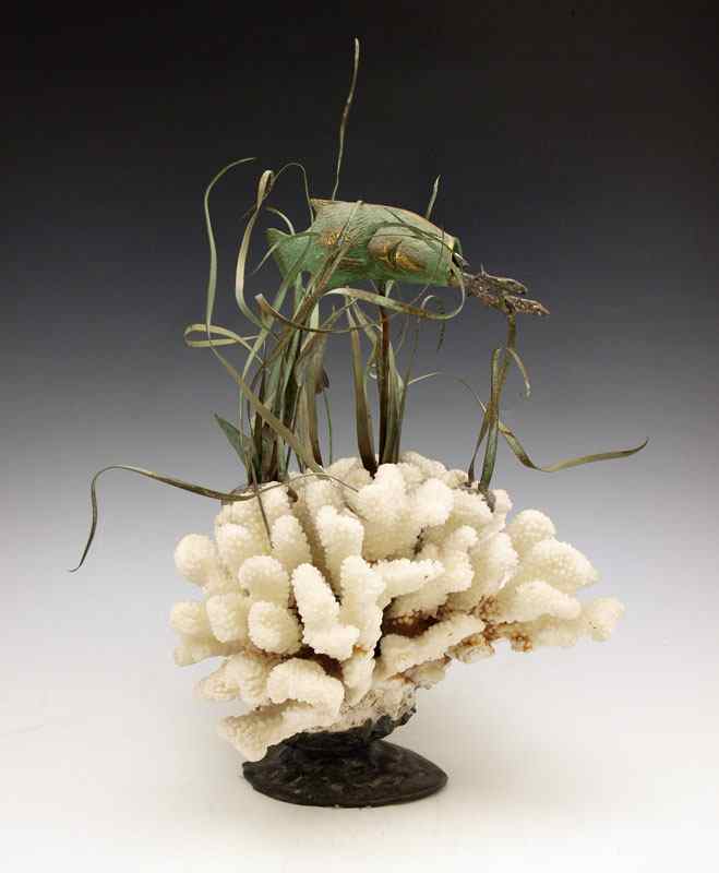 Appraisal: CORAL BRASS AND SILVER FISH SEAGRASS SCULPTURE Coral and metal