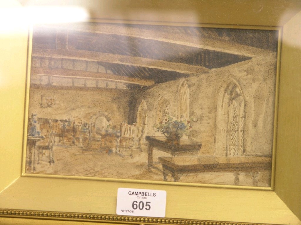 Appraisal: A Victorian watercolour a beamed dining room interior moulded gilt