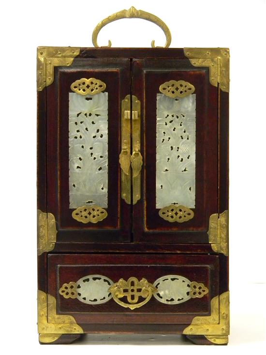 Appraisal: Asian jewelry chest th C rosewood with carved stone panels