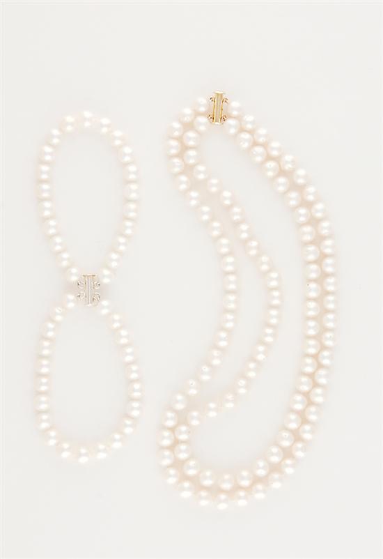 Appraisal: Double strand cultured pearl necklace and bracelet necklace with ninety-eight