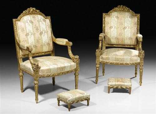 Appraisal: PAIR OF FAUTEUILS A LA REINE WITH FOOT STOOL late