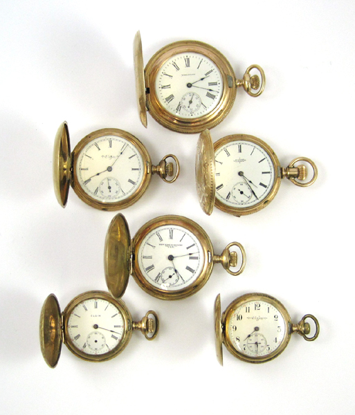 Appraisal: SIX AMERICAN HUNTER CASE POCKET WATCHES Elgin model grade size