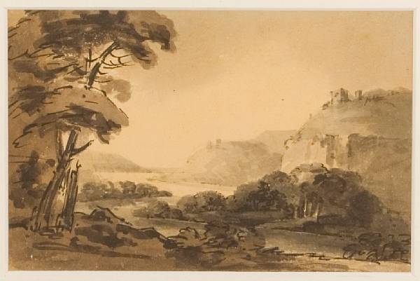 Appraisal: William Gilpin A wooded river landscape wash drawing in x