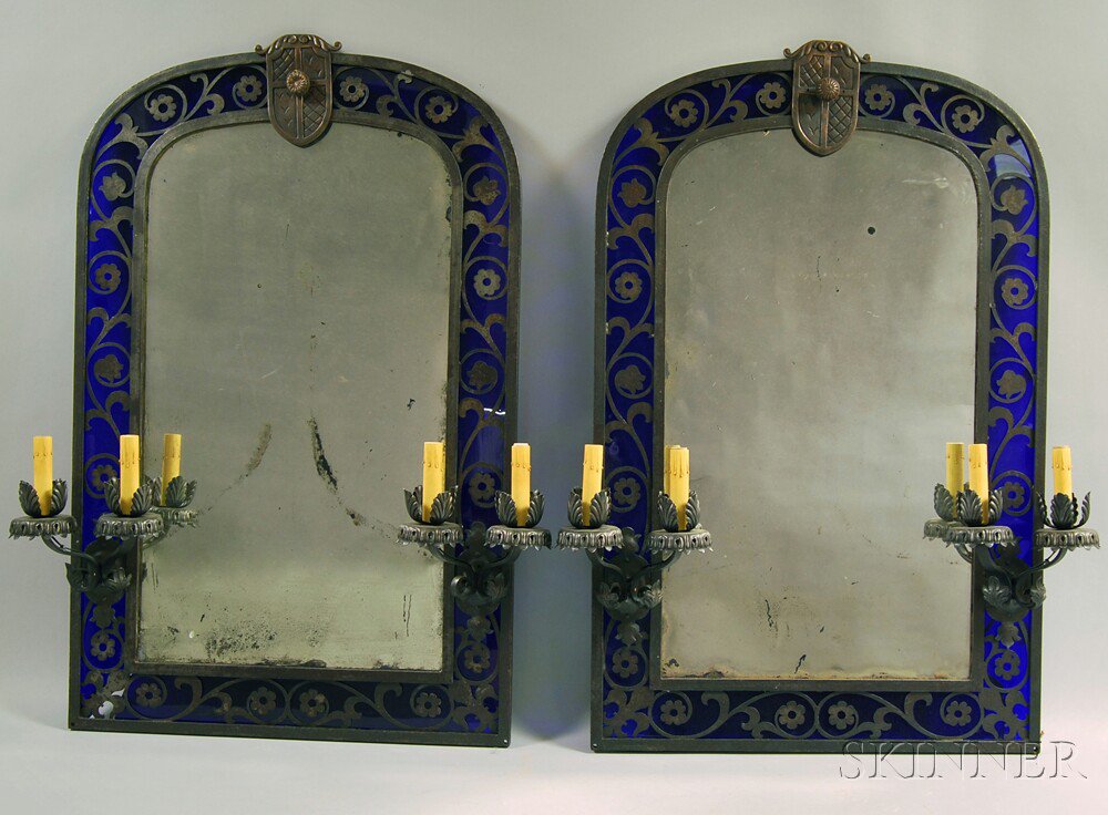 Appraisal: Pair of Cobalt Glass and Wrought Iron Illuminated Four-light Mirrors