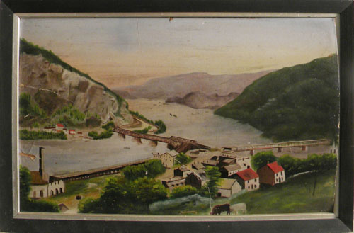 Appraisal: Primitive oil on board landscape of Harpers Ferry x