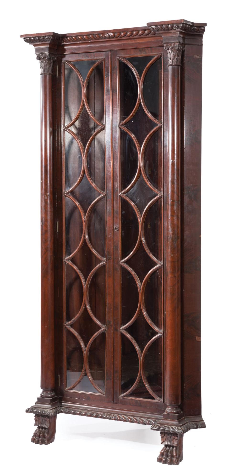 Appraisal: Antique Late Classical Carved Mahogany Corner Cabinet th c gadrooned