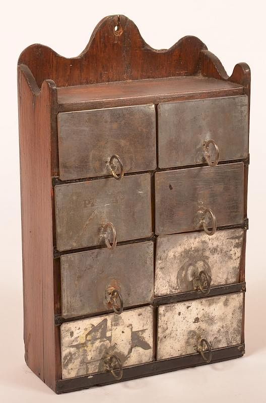 Appraisal: Wall Mounted Spice Box Wall Mounted Spice Box Eight tin