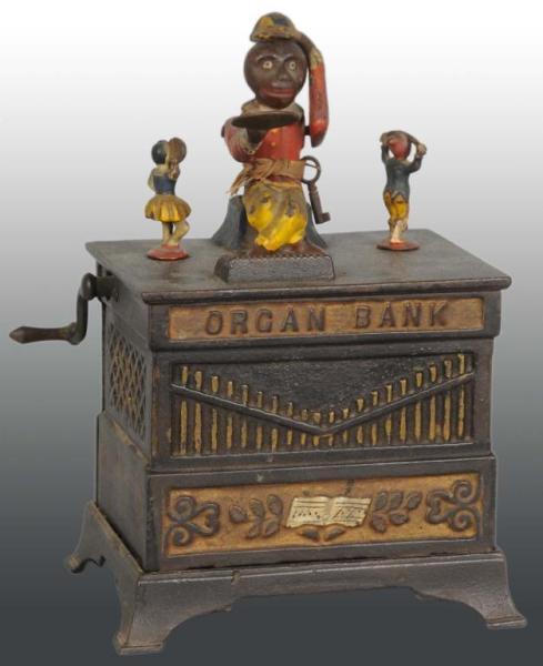 Appraisal: Cast Iron Organ Dancing Boy Girl Mechanical Bank Description American