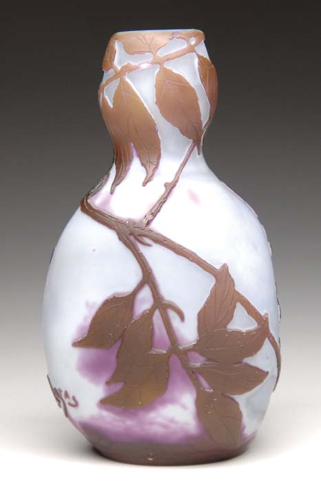 Appraisal: LEGRAS CAMEO VASE Purple floral vase with brown leaf and