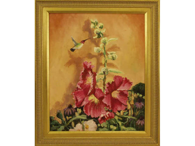 Appraisal: Oil on canvas painting of a hummingbird on a hybiscus