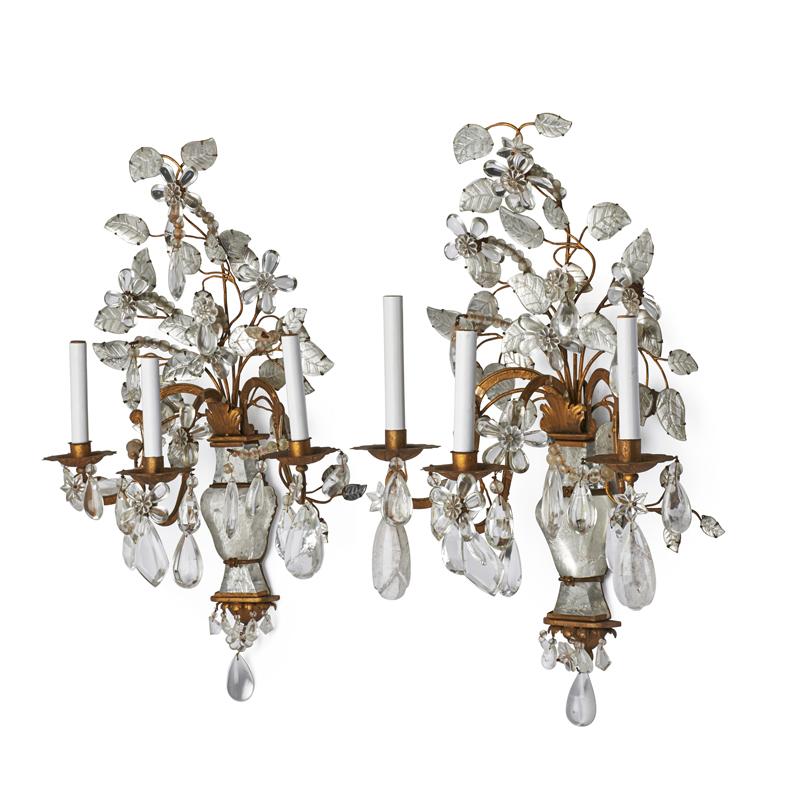 Appraisal: PAIR OF BAGUES STYLE SCONCES Three light with rock crystal