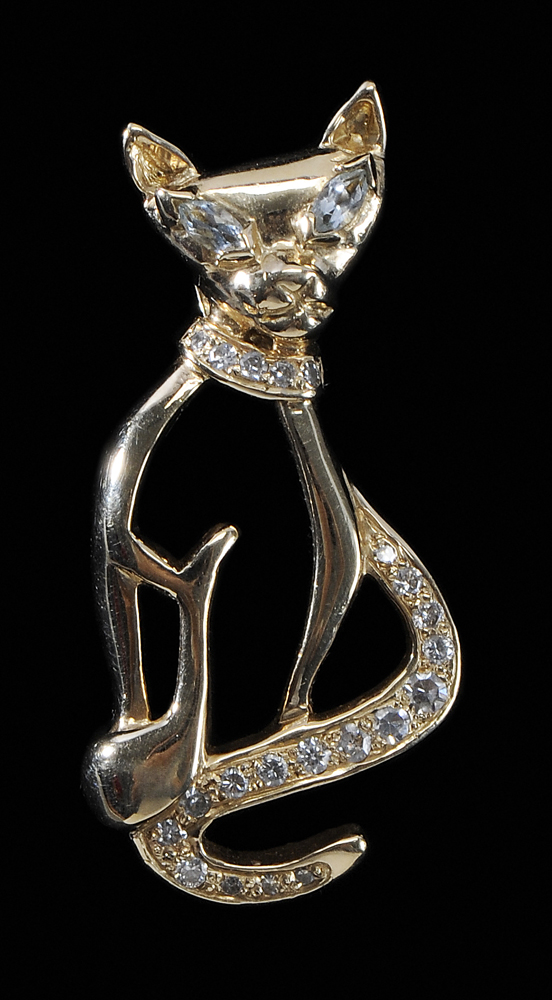 Appraisal: Kt Gold Cat Pendant accented with diamonds and blue gemstone