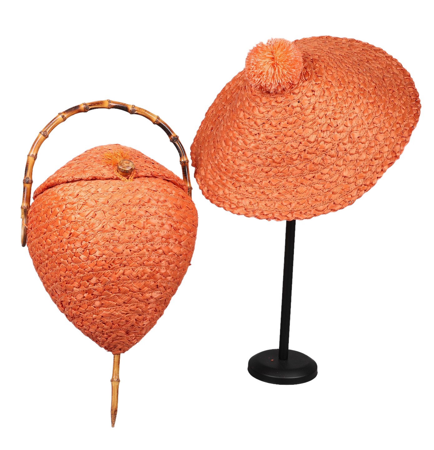 Appraisal: 's French raffia hat and purse wide brim orange dyed