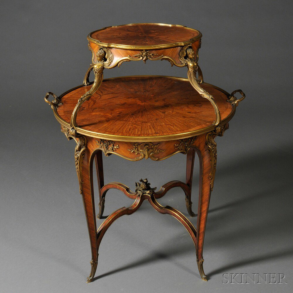 Appraisal: Louis XV-style Ormolu-mounted Two-tier Gu ridon c each tier with