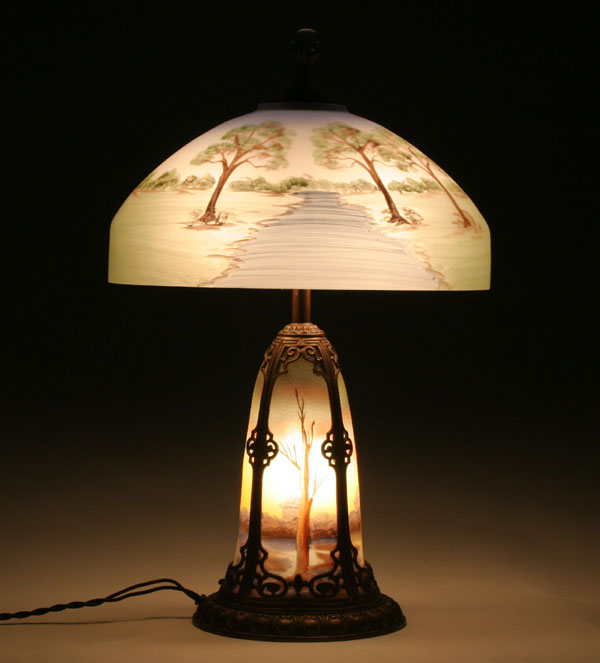 Appraisal: Scenic table lamp base with four reverse-painted paneled sides depicting