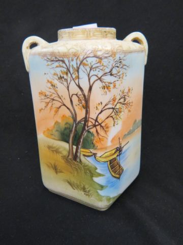 Appraisal: Nippon Handpainted Porcelain Vase landscape with boats handles repaired signed