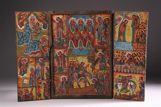 Appraisal: ETHIOPIAN THREE-PANELLED ICON Circa - Depicting brightly painted scenes from