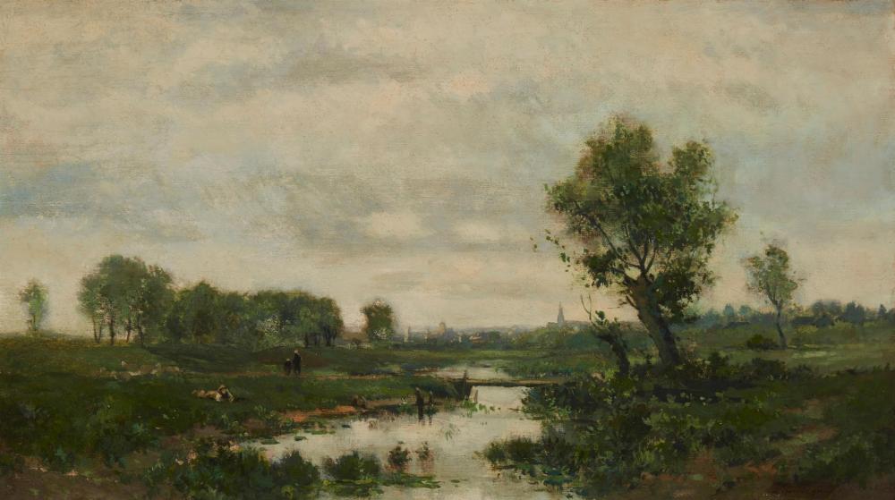 Appraisal: CHARLES-FRANCOIS DAUBIGNY - FRENCH RIVER SCENE WITH BRIDGE AND DISTANT