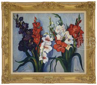 Appraisal: HAYLEY LEVER American - RED WHITE AND PURPLE GLADIOLAS Oil