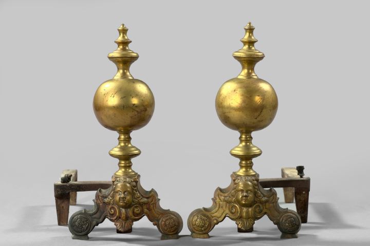 Appraisal: Large Pair of Edwardian Gilt-Brass and Wrought-Iron Andirons first quarter