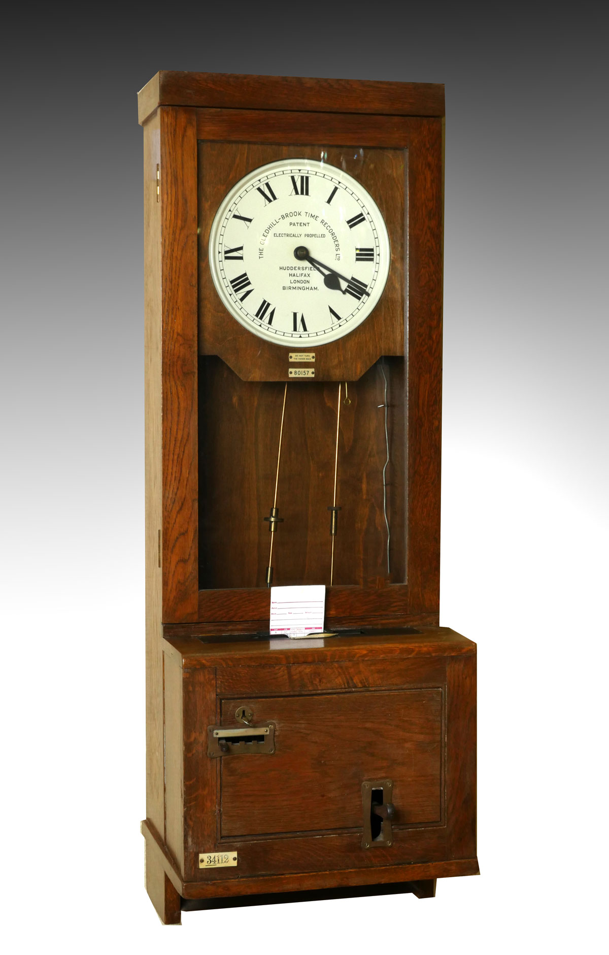 Appraisal: GOLDEN OAK GLEDHILL BROOK TIME RECORDING CLOCK Fusee movement circa