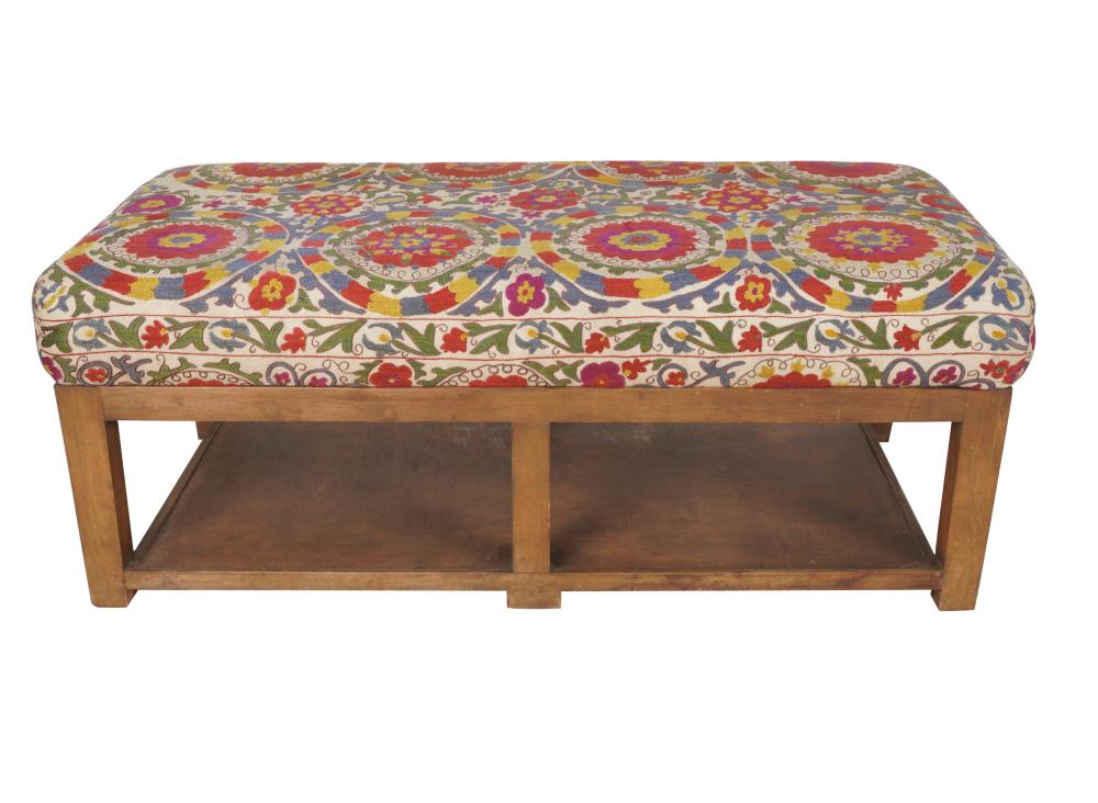 Appraisal: MICHAEL SMITH UPHOLSTERED WOOD BENCHwith macjhine-embroidered fabric Provenance The Jim