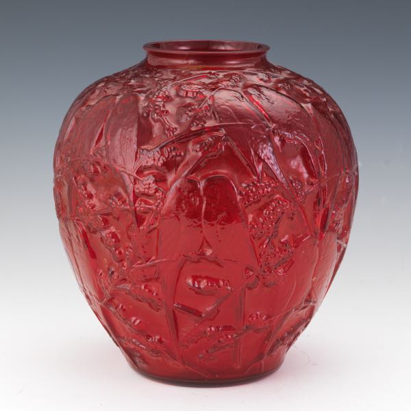 Appraisal: RUBY RED CONSOLIDATED LOVEBIRDS ART GLASS VASE Ruby red clear