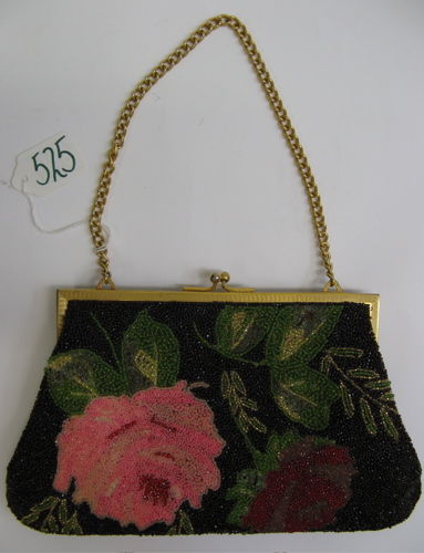 Appraisal: FRENCH BEADED EVENING PURSE rose and deep red floral with