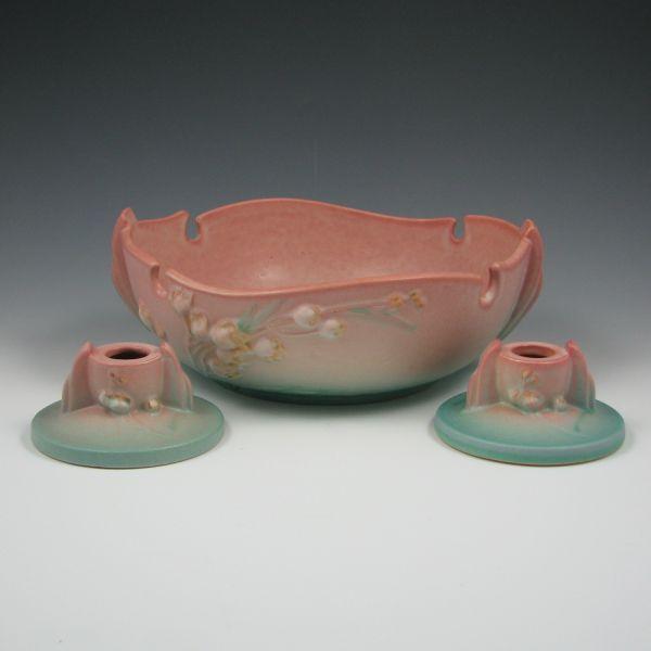 Appraisal: Roseville Ixia three-piece console set in pink and green including