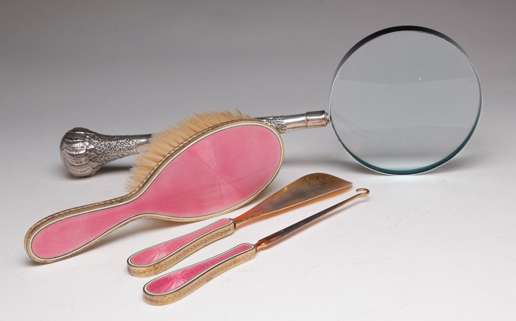 Appraisal: STERLING SILVER DRESSER SET AND MAGNIFYING GLASS Twentieth century French