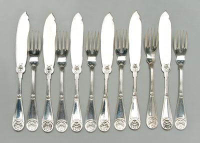 Appraisal: -piece Continental silver fruit set Art Nouveau style floral handle