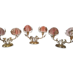 Appraisal: Three French Gilt Metal Sconces with Sea Urchin Globes th