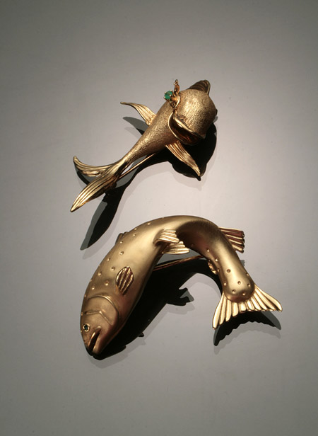 Appraisal: Two Tested -Karat Yellow-Gold and Emerald 'Dolphin' and 'Bass' Brooches