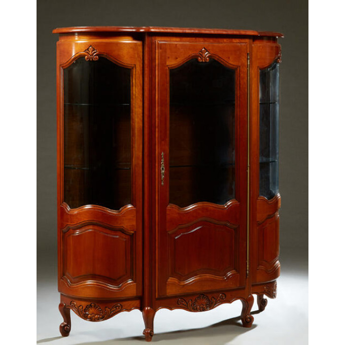 Appraisal: French Louis XV Style Carved Cherry Curved Glass Vitrine th