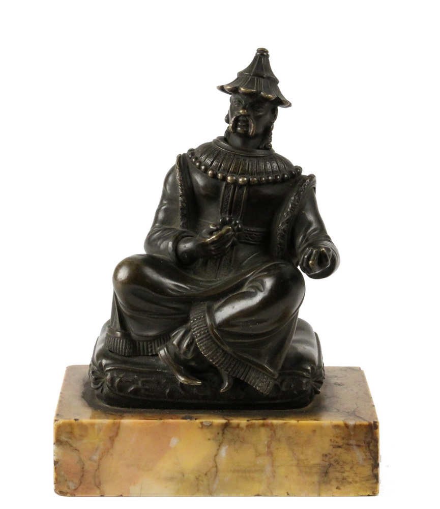 Appraisal: CONTINENTAL BRONZE CHINOISERIE TABLETOP SCULPTURE Fantastic Portrait of a Seated