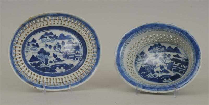 Appraisal: CANTON BLUE AND WHITE WILLOW PATTERN OVAL RETICULATED PORCELAIN BOWL