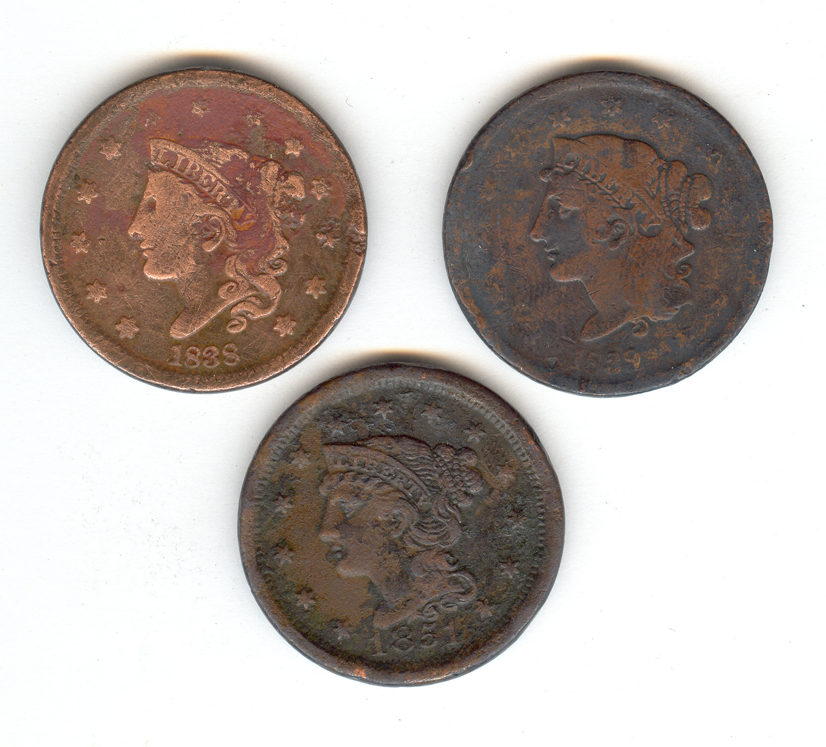 Appraisal: THREE U S LARGE CENTS - - Estate coins