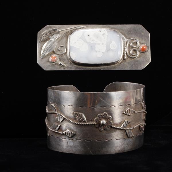 Appraisal: Native American Sterling Silver Cuff Bracelet and polished stone Brooch