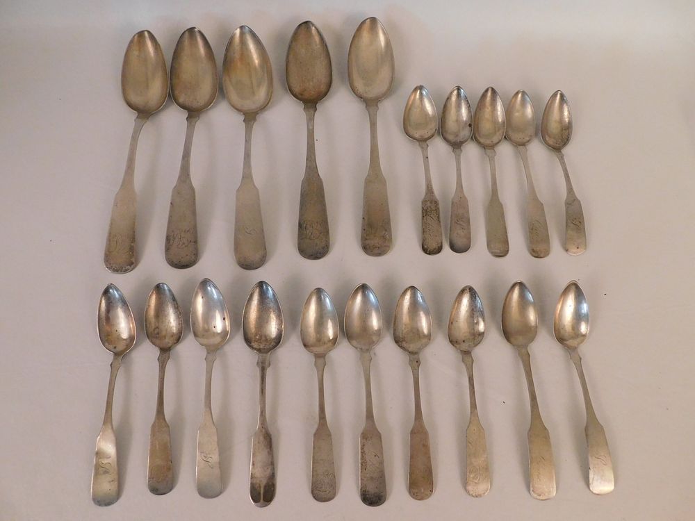 Appraisal: HARDING COIN SILVER SPOONS Lot assorted coin silver spoons most