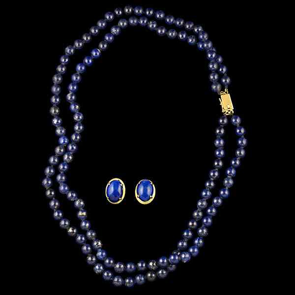 Appraisal: Lapis Set - Oval Earrings and a Double Strand A