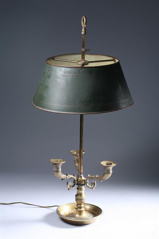 Appraisal: LOUIS XVI-STYLE BRONZE-DOR THREE-LIGHT BOUILLOTTE LAMP late th-early th century