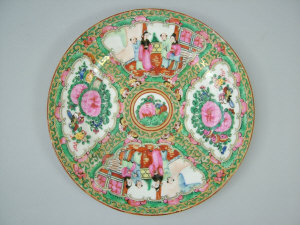 Appraisal: A Canton enamel plate th century the four panels decorated