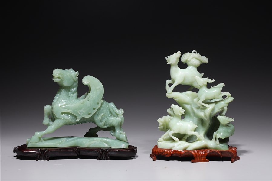 Appraisal: Two Chinese carved hardstones including winged horse and deer grouping