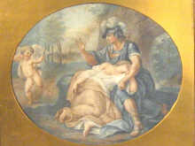 Appraisal: An allegorical print of Cupid with lovers in gilded oval