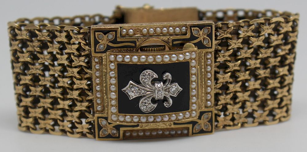 Appraisal: JEWELRY Victorian kt Gold Enamel Pearl and Diamond Bracelet Victorian