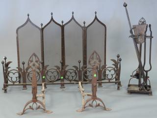 Appraisal: Iron gothic style andirons tools and screen log ht in