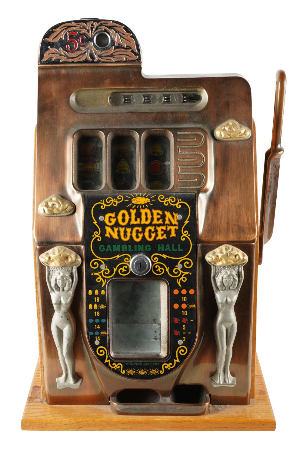 Appraisal: GOLDEN NUGGET NICKEL SLOT MACHINEon oak plinth of later date