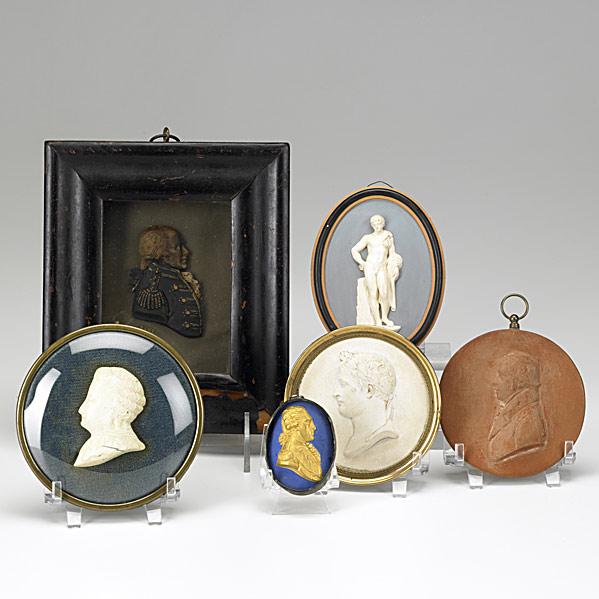 Appraisal: SIX CAMEOS OR RELIEF CARVINGSWax profile of military officer gilded