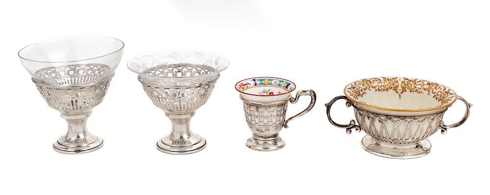 Appraisal: Three Sets of American Porcelain Bowl with Silver Holders Three